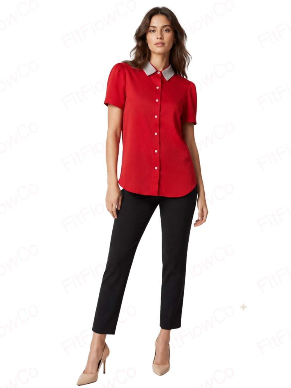 Karl Lagerfeld Paris Red Rhinestone Collar Short Sleeve Top XS NWT